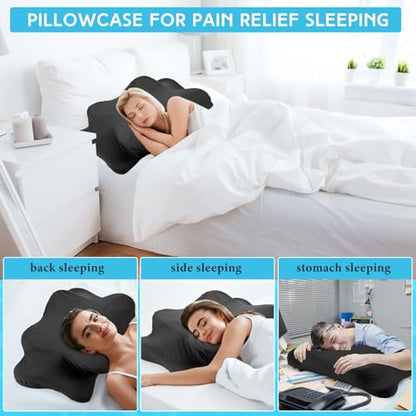 Hahafelt Cooling Cervical Neck Pillowcase Cover (Only Pillow Case) Ergonomic Pillowcase with Zipper Breathable Contour Pillow Cover for Side Back Stomach Sleepers(Black,Queen Size) - color: Black, size: Queen