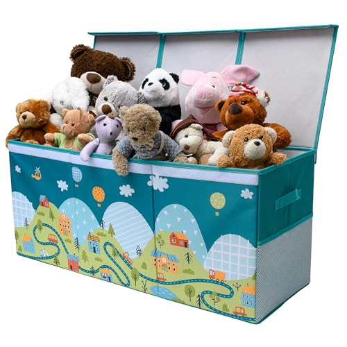 SoftOwl Extra Large Toy Storage Organizer with Lid - Sturdy, Collapsible Toy Chest Storage Box with Cute Design - Toys Bin with Dividers for Kids, Boys, Girls, Nursery, Bedroom, Play room 37"x16"x14" - color: Road - Teal
