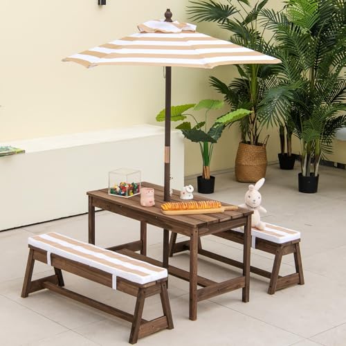 2-in-1 Kids Picnic Table, Wooden Kids Outdoor Tables with Removable Umbrella & Cushions, Fits 4 Children, Indoor Outdoor Toddler Picnic Table for Backyard Lawn & Patio (Coffee) - color: Coffee