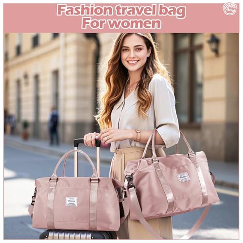 Pink Gym Bag with Wet Pocket, Foldable Travel Duffle Bag Carry On Weekender Bags for Women, Waterproof Overnight Bag for Travel, Gym, Yoga - color: X-Pink