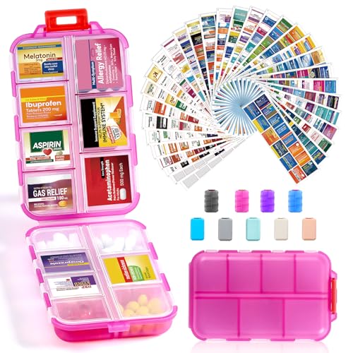 14 Grids Travel Pill Organizer Box with 415-Pcs Medicine Name Labels - Pocket Daily Pharmacy Case Container Kit - Travel Medication Holder Dispenser for Fish Oil Vitamin Supplement Storage -Clear Pink - color: Clear-pink, size: with Bulk Med Labels