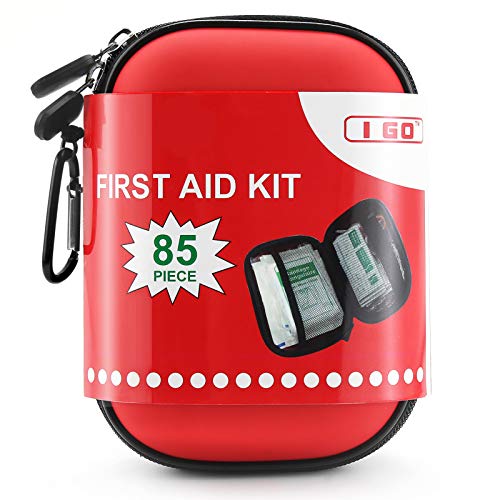 I GO 85 Pieces Hard Shell Mini Compact First Aid Kit, Small Personal Emergency Survival Kit for Travel Hiking Camping Backpacking Hunting Marine Car - color: Red