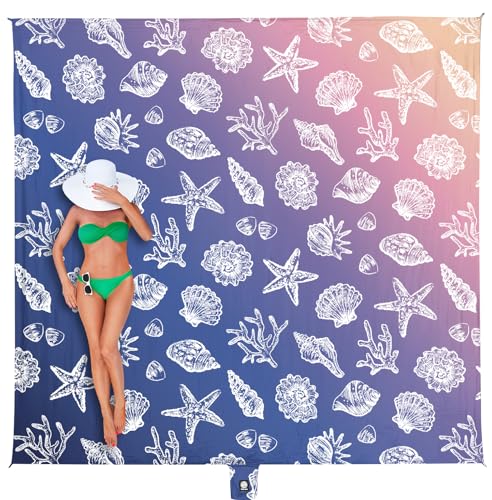 WEKAPO Beach Blanket Waterproof Sandproof Oversized, Extra Large Beach Mat Sand Free, Lightweight & Compact Sand Free Mat with 5 Stakes & 4 Corner Pockets - color: Gradient-deepblue Sea Shells, size: 8 x 7 FT (1～4 person)