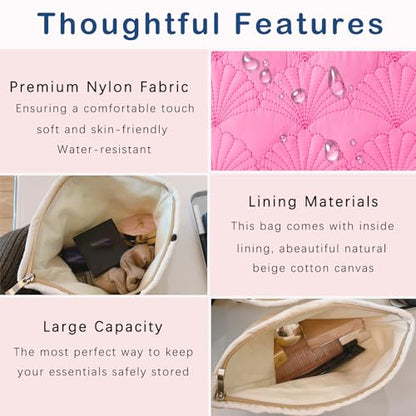 RSRSLEII Quilted Cotton Coquette Makeup bag, Coastal Granddaughter Aesthetic Cosmetic Bag, Cute Seashell Portable Travel Toiletry Pouch (10 Hot Pink) - color: 10 Hot Pink