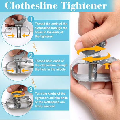 Outdoor Clothesline Kit, 150.9FT Heavy Duty Plastic Coated Wire Rope, Includes 2 Durable Pulleys, 2 S-Type Dividers, 1 Tightener, 2 Screw Hooks & 2 Expansion Screws