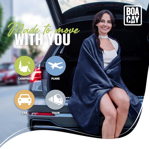 BOACAY Soft & Warm Travel Blanket for Airplane & Car - Long Flight Essential for Women, Men, Kids - Compact Pillow with Luggage Sleeve & Backpack Clip - color: Navy Blue