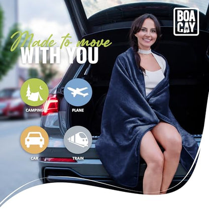 BOACAY Soft & Warm Travel Blanket for Airplane & Car - Long Flight Essential for Women, Men, Kids - Compact Pillow with Luggage Sleeve & Backpack Clip - color: Navy Blue