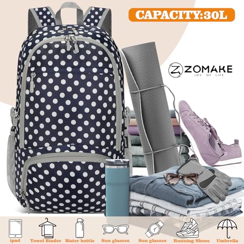 ZOMAKE Lightweight Packable Backpack 30L, Foldable Hiking Backpacks Water Resistant Compact Folding Daypack for Travel(Navy Blue,White polka dots) - color: Navy Blue,white Polka Dots