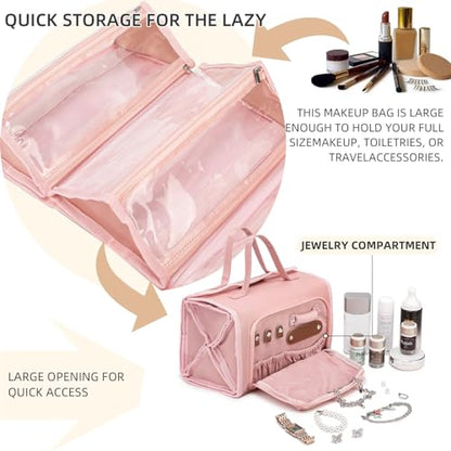 ROYALFAIR Roll Up Makeup Bag, Waterproof Toiletry Bag for Women, Hanging Travel Organizer bags with Jewelry Organizer Compartment, Extra Large 4 Clear TSA Approved Pouches Cosmetic Makeup (light red) - color: light red