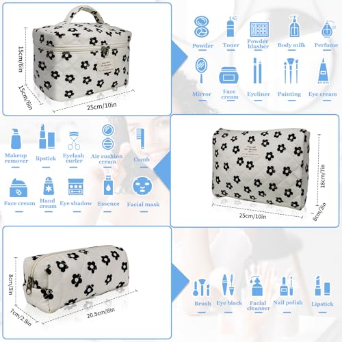 Gosect 3pc Makeup Bag Set, Quilted Makeup Bag Set, Large Floral Cosmetic Bag for Women, Cute Cotton Makeup Bags, Flower Travel Toiletry Organizer Bag (Black Flowers) - color: Black Flowers
