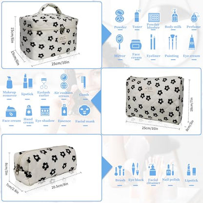 Gosect 3pc Makeup Bag Set, Quilted Makeup Bag Set, Large Floral Cosmetic Bag for Women, Cute Cotton Makeup Bags, Flower Travel Toiletry Organizer Bag (Black Flowers) - color: Black Flowers