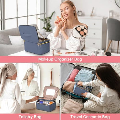 HXLGMD Large Makeup Bag with Mirror Double Layer Travel Make Up Organizer Case, Large Capacity Coemetic with Brush Slot Divider, Travel Toiletry Bag for Women (Aegean Blue) - color: Aegean Blue