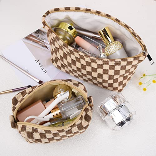 SOIDRAM 2 Pieces Makeup Bag Large Checkered Cosmetic Bag Capacity Canvas Mix Travel Toiletry Bag Organizer Cute Makeup Brushes Aesthetic Accessories Storage Bag for Women, Checkered Mix Brown - color: Brown