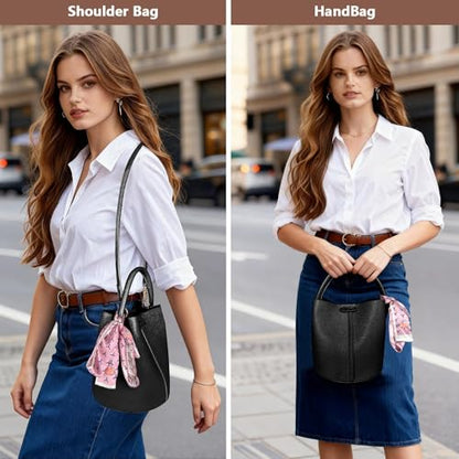 Vegan Leather Bucket Bag for Women Crossbody Bucket Purse with Removable Fashion Bucket Handbag - color: Black