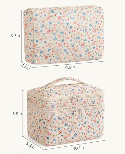 HBselect 2Pcs Travel Makeup Bag, Large Cotton Quilted Makeup Bag Cosmetic Bag Cute Make up Bag Toiletry Bags for Women Girls - color: 2PCS-FLOWER3