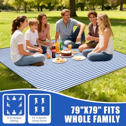 G GOOD GAIN Waterproof Picnic Blanket, 79"x79" Extra Large Beach Mat for 6 to 8 Adults, Machine Washable Outdoor Blanket for Camping, Grass, Park, Camping, Concerts, MiddleBlue - color: Middleblue