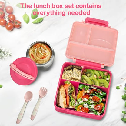 Bento Lunch Box Set for Kids with 8oz Soup Thermo, Leak-Proof Lunch Containers with 4 Compartment, Kids Thermo Hot Food Jar and Insulated Lunch Bag for Kid to School-Pink - color: Pink