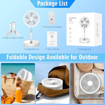 Portable Foldable Rechargeable Oscillating Fan - 8.6" 8000mah Battery Operated USB C Small Fan with Remote Quiet Table Desk Fan Folding Standing Pedestal Fan for Bedroom Rome Office Camping Travel - color: white
