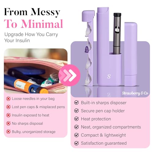 STRAWBERRY & CO Insulin Cooler Travel Case - Built-in Sharps Dispenser & Temperature-Control Organizer- TSA Approved Diabetic Pen Storage for Ozempic, Insulin Pens & Needles - Compact & Leak-Proof - color: Purple
