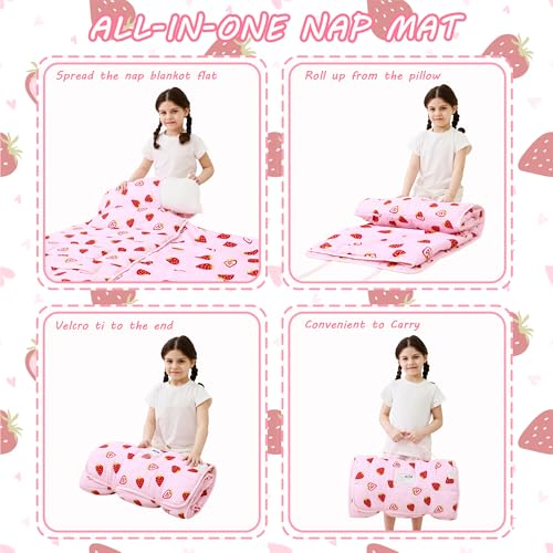 Lasoftan Toddler Nap Mat with Pillow and Blanket, Extra Large Rolled Napping Mats,Slumber Bags for Boys Girls,Kids Sleeping Bag for Daycare, Preschool Travel Camping - color: Pink Strawberry