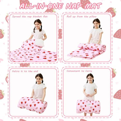 Lasoftan Toddler Nap Mat with Pillow and Blanket, Extra Large Rolled Napping Mats,Slumber Bags for Boys Girls,Kids Sleeping Bag for Daycare, Preschool Travel Camping - color: Pink Strawberry