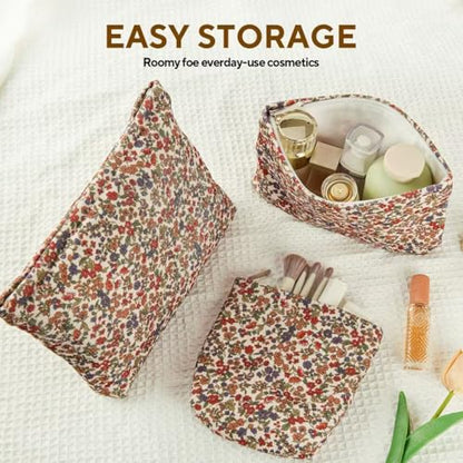 3Pcs Floral Makeup Bags, Cosmetic Bags for Women, Large Capacity Corduroy Makeup bag Set and Portable Mini Makeup Bag,Aesthetic Women Handbags Purses, Travel Essentials Aesthetic Stuff (Floral 01)