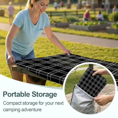Picnic Table Cover with Bench Covers Camping Essentials Waterproof Windproof Camping Tablecloth with Drawstring Bag, Fitted Rectangle Tables and Seats, 72in, Black Checkered - color: Black Checkered, size: 72in