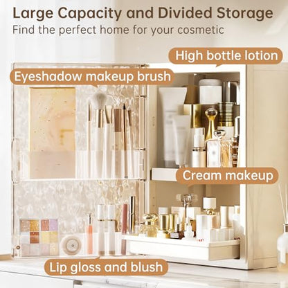 HAIXIN Makeup Organizer with Drawer & Brush Holder, Plastic Cosmetic Display Cases, Large Vanity Organizer Countertop Waterproof for Skincare, Perfume, Bathroom & Dresser (White & Amber) - color: White & Amber