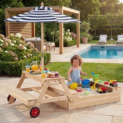 HONEY JOY Kids Picnic Table with Sandbox, Fir Wood Toddler Outdoor Table & Chair Set w/Wheels, Removable Umbrella & Sensory Bin, Children Convertible Outdoor Furniture for Backyard Patio Garden (Blue)