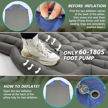 Double Sleeping Pad for Camping - Ultralight Air Mattress with Pillows, Built-in Foot Pump, Compact Inflatable 2-Person Portable Mat for Backpacking, Hiking, Tent, Car Travel, Beach，Road Trip - color: Cool Grey