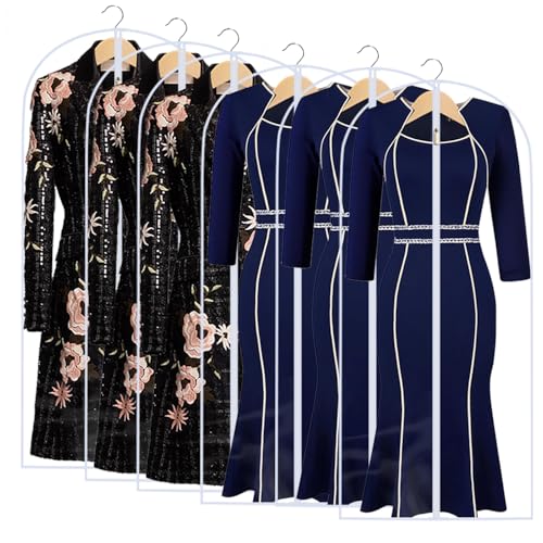 All Clear Garment Bags for Hanging Clothes, 55" (Set of 6) Dress Bags for Gowns Long, Plastic Dustproof Dress Garment Bag, Long Dress Bag with Zipper for gown, winter long coats, dance costume - color: White-All Clear, size: 24''X55''-6P