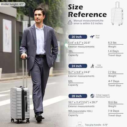 Coolife Expandable Large Checked Luggage with Spinner Wheels, Hard Shell Suitcase TSA Lock Rolling Travel Luggage 28-inch,Silver - color: sliver, size: Large(28in)