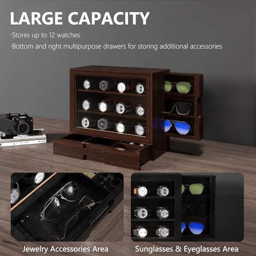 AUTOARK Wooden Watch Sunglass Display Case,12 Watch Box with Jewelry Drawer,Watch Eyeglass Holder with Window,Vertical Storage,Gift Idea,Walnut,AW-185 - color: Walnut