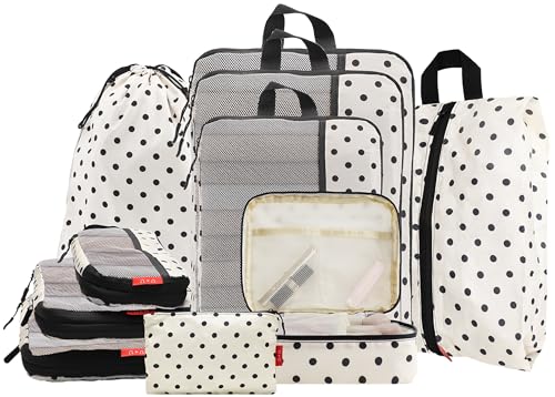 U+U 10 Set Compression Packing Cubes - Travel Organizers with Laundry Bag, Space-Saving Suitcase Organizer, Expandable Packing Organizers for Travel Essentials (Polka Dot) - color: Polka Dot-02, size: 10 Set