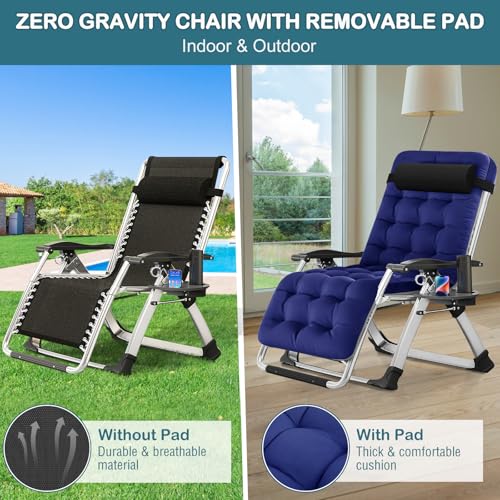 NAIZEA Padded Zero Gravity Chair, Folding Outdoor Lounge Chairs, Adjustable Reclining Camping Chairs with Cup Holder, Ergonomic Patio Lawn Chair for Balcony Beach Deck Yard - color: Royal Blue, style: Zero Gravity Chair