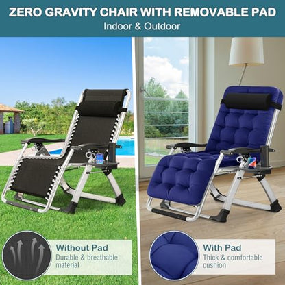 NAIZEA Padded Zero Gravity Chair, Folding Outdoor Lounge Chairs, Adjustable Reclining Camping Chairs with Cup Holder, Ergonomic Patio Lawn Chair for Balcony Beach Deck Yard - color: Royal Blue, style: Zero Gravity Chair
