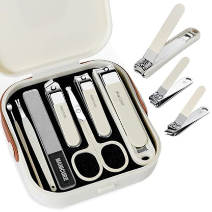 Nail Clipper Set for Men and Women, 7 Pcs Toenail Clippers, Stainless Steel Fingernail Clipper, and Travel Case Manicure Set, Gift Ideas (Beige) - color: Beige