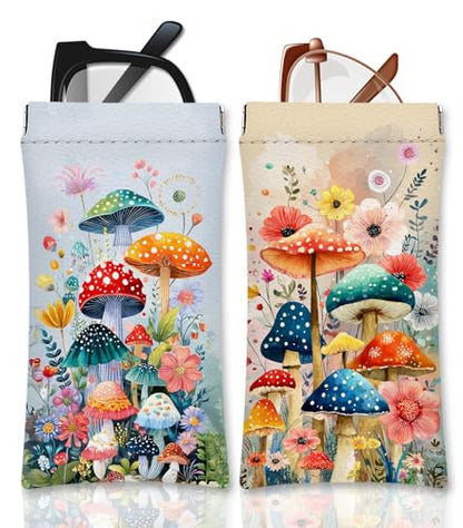 Eyeglasses Sunglasses Case PU Soft Squeeze Top Glasses Pouch for Women Student,Floral Pattern Portable Anti Scratch - color: Blue-mushroom03