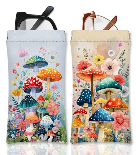 Eyeglasses Sunglasses Case PU Soft Squeeze Top Glasses Pouch for Women Student,Floral Pattern Portable Anti Scratch - color: Blue-mushroom03