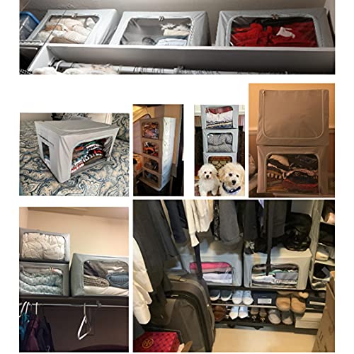 Clothes Storage Box Bins Stackable Foldable Organizer with Metal Frame for Clothing Bedding Shelves,Closet Container with Clear Window Zipper and Label Holder (Gray,Small-40L x3 Pack) - color: Gray,Small-40L x3 Pack