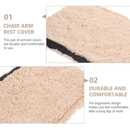 Unomor Plush Sherpa Armrest Covers Thickened Warm Chair Arm Pads with Soft Sheepskin Cushion for Office Gaming Home and Airplane Chairs Pressure-Relief Elbow Support Non-Slip Beige