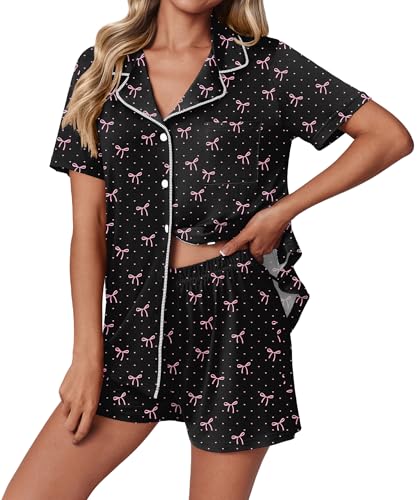 Ekouaer Pajamas Set for Women 2 Piece Pjs Short Sleeve Sleepwear Button Down Lounge Shorts Sets S-XXL - color: Black Bow, size: Small