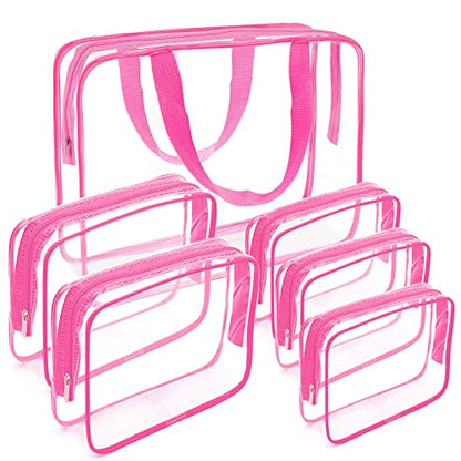 APREUTY Clear Makeup Bags, TSA Approved 6 Pcs Cosmetic Makeup Bags Set Clear PVC with Zipper Handle Portable Travel Luggage Pouch Airport Airline Vacation Organization (Rose Red) - color: Rose Red-6PCS(Large+Medium+Small)