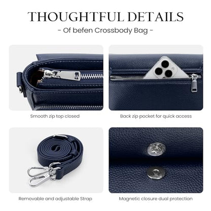 befen Genuine Leather Crossbody Bags for Women Medium Purse with Built in RFID Wallet Womens Soft Cross Body Purse - color: Navy Blue
