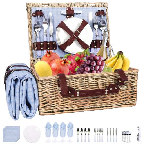 Picnic Baskets Wicker Willow Picnic Set for 4 Persons with Insulated Cooler Bag and Waterproof Blue Picnic Blanket Gift for Christmas Thanksgiving Wedding Birthday Camp Outdoor Beach Travel - color: Light Blue