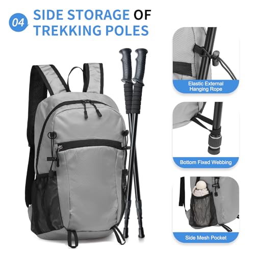 Hiking Daypack Packable, Camping Backpack Water Resistant Lightweight Polyester for Men Women Travel Outdoor - color: Gray