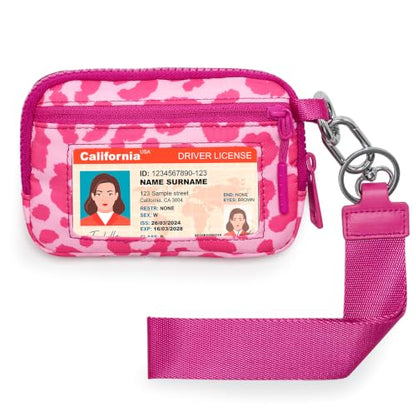 YDF Small Nylon Wristlet Wallet for Women, Minimalist Zip Keychain Coin Purse Card Case with Clear ID Window, Water-Resistant Pouch - color: Hot Pink Leopard