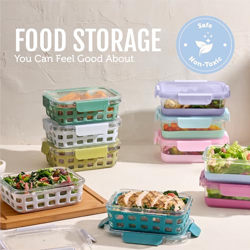 Ello Duraglass 3.4 Cup Meal Prep Sets 10Pc, 5 Pack Set- Glass Food Storage Container with Silicone Sleeve and Airtight BPA-Free Plastic Lids, Dishwasher, Microwave, and Freezer Safe, Halogen Blue - color: Halogen Blue with Sleeve