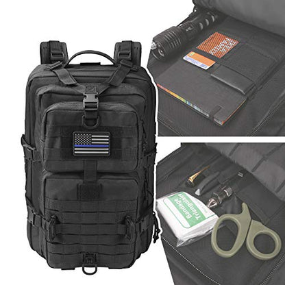 Hannibal Tactical MOLLE Assault Backpack, Tactical Backpack Military Army Camping Rucksack, 3-Day Pack Trip w/USA Flag Patch, D-Rings, Black - color: Black
