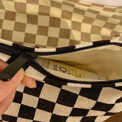 SxoSyo Checkered Cosmetic Bags, Canvas Makeup Bag Purse, Beige | travel toiletry zipper pouch, make up brushes bag, purse organizer pouches - color: Beige, style: Chessboard